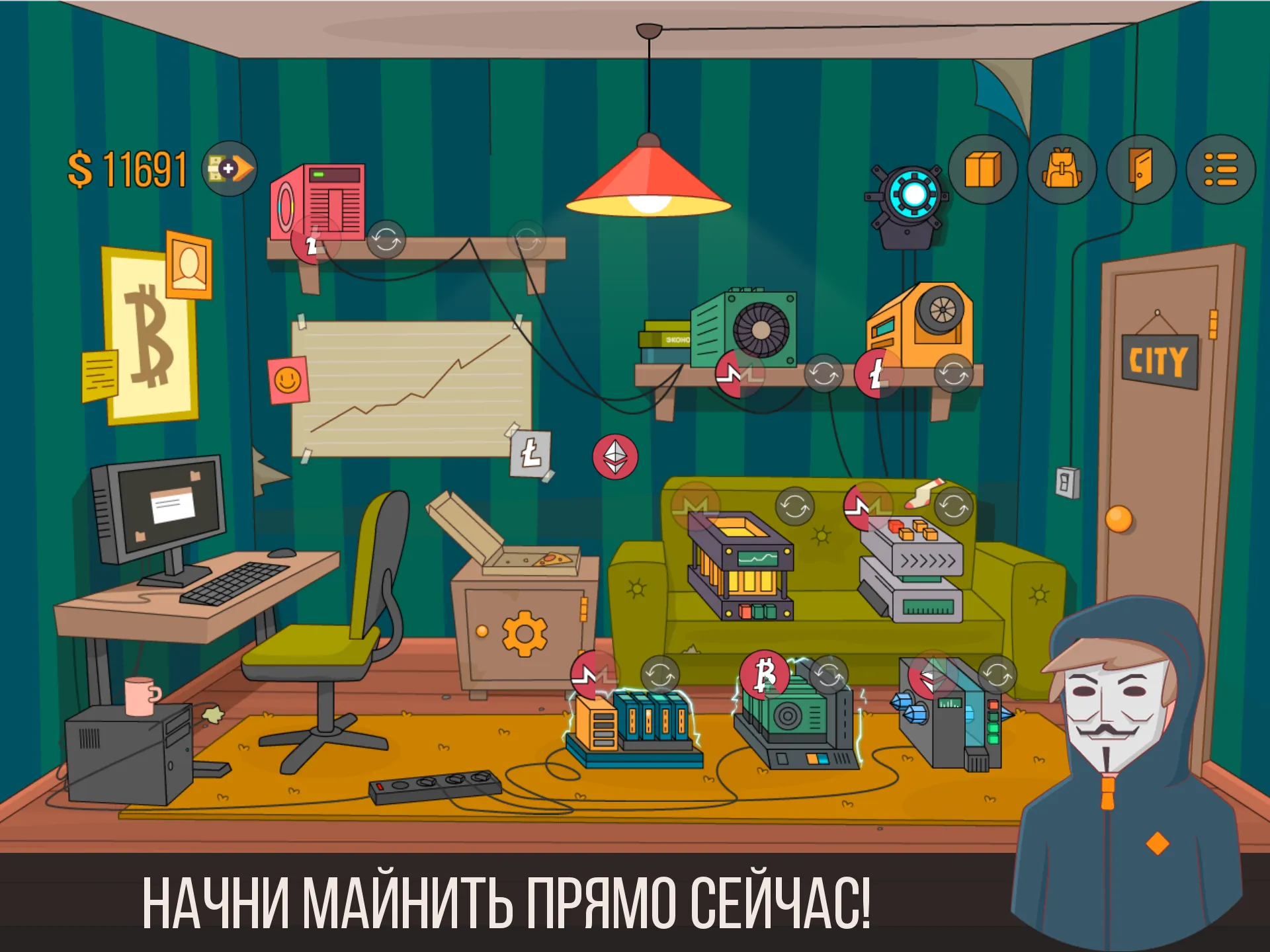 Майнер - симулятор биткоина [мод: много денег] Screenshot 1